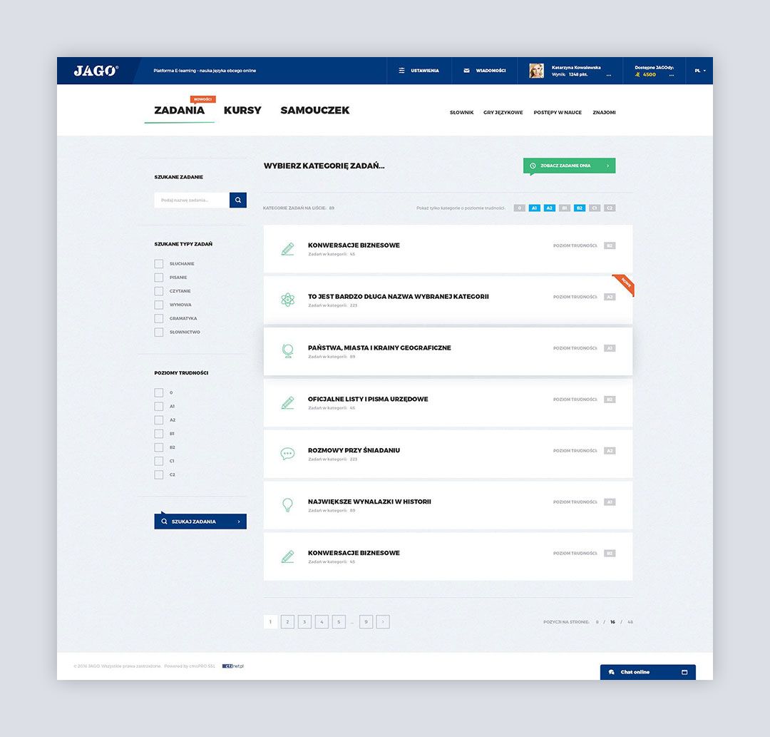 jagoenglishonline.com - kategorie zadań